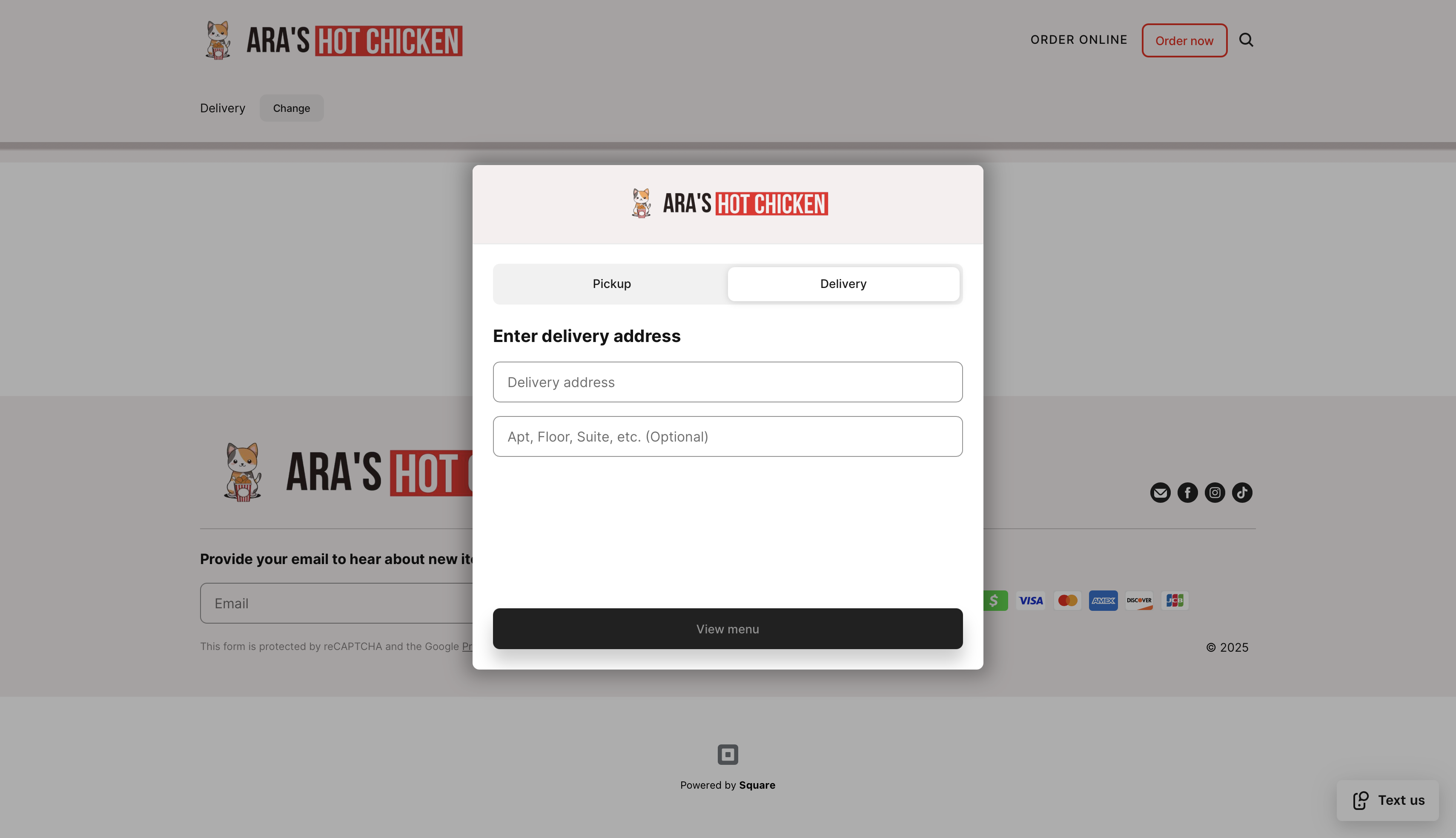 Ara's Hot Chicken Square Ordering Interface